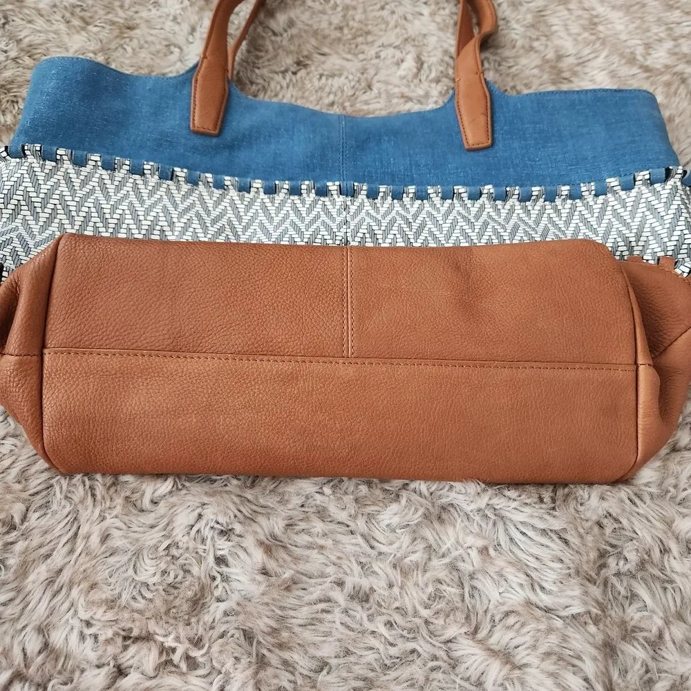 Vince Camuto Edena Tote Blue and Brown Leather‎ and Denim Colorblocked Bag
